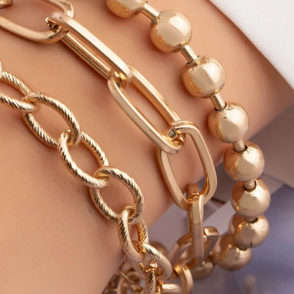 Three Strand Bead & Chain Gold Bracelet New! Street Styles 2022 - Picture 2 of 7